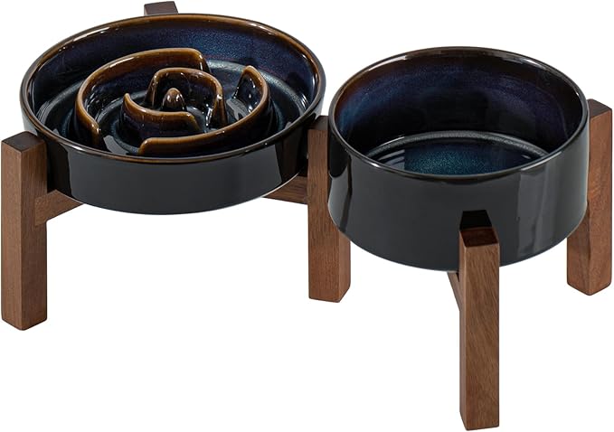 Havniva Ceramic 1.2 Cup Raised Slow Feeder Dog Bowl Set, Elevated 6.1inch Bowl and 7.3inch Dish with Acacia Wood Stand for Small and Medium Dog(2 x Starry Sky+ Stand)