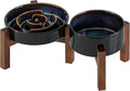Havniva Ceramic 1.2 Cup Raised Slow Feeder Dog Bowl Set, Elevated 6.1inch Bowl and 7.3inch Dish with Acacia Wood Stand for Small and Medium Dog(2 x Starry Sky+ Stand)