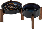 Havniva Ceramic 1.2 Cup Raised Slow Feeder Dog Bowl Set, Elevated 6.1inch Bowl and 7.3inch Dish with Acacia Wood Stand for Small and Medium Dog(2 x Starry Sky+ Stand)