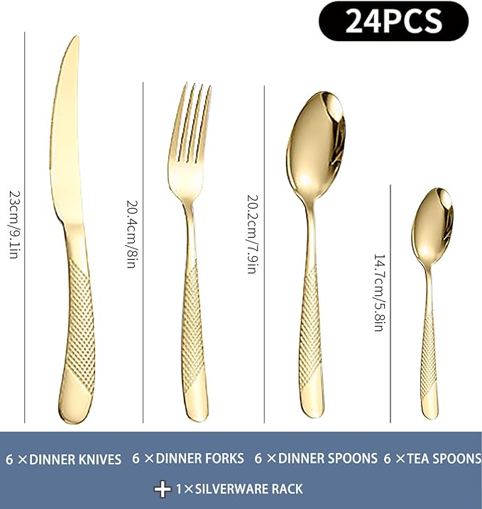 Gold Silverware Set,24 Piece Gilded Silverware Set Rack Service for 6，Mirror Polished Cutlery Utensil Set,Home Kitchen Eating Tableware Set,Include Fork Knife Spoon Holder Set,Dishwasher Safe…