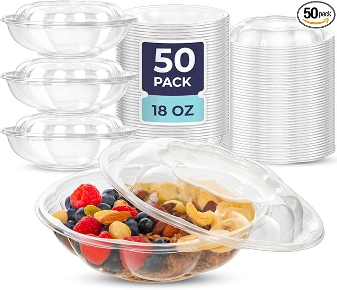Fit Meal Prep 50 Pack 18 oz Disposable Plastic Clear Salad Bowls with Airtight Lids - To Go for Lunch, Takeout, Party, Catering, Picnic