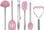 Tovolo Silicone Cooking Utensil Set of 6 Pink Sorbet Ladle Slotted Turner Tongs Flex Core Spatula Scraper Mixing Spoon and Potato Masher, Dishwasher Safe BPA Free Silicone Kitchen Utensils