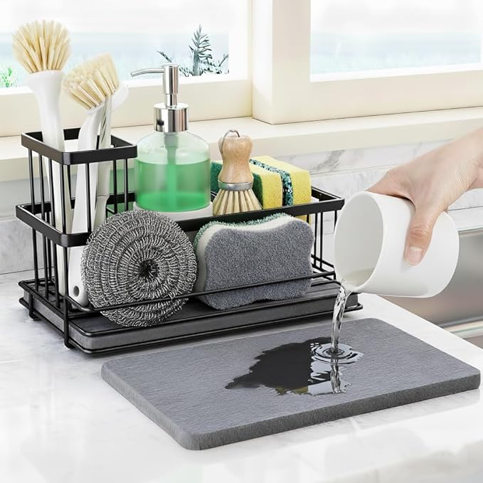 Kitchen Sink Caddy Organizer Stainless Steel Sponge Caddy with Diatomite Absorbent Mat,60s Fast Drying for Home Kitchen & Bathroom,Rustproof Storage for Sponge Soap Brush