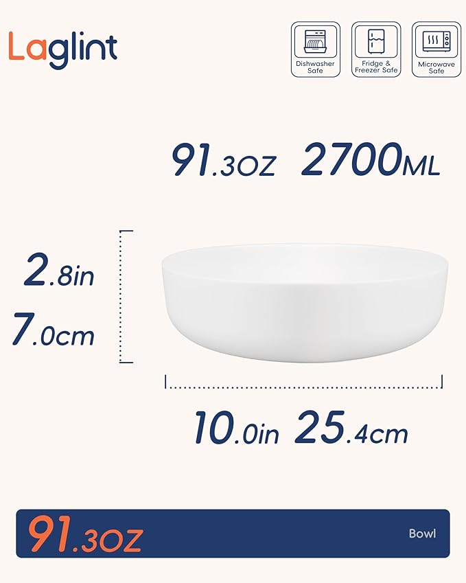 LaGlint 10 Inch 90 OZ Opal Glass Serving Bowls Set of 2, Extra Large White Salad Bowls for Kitchen, Microwave & Dishwasher Safe