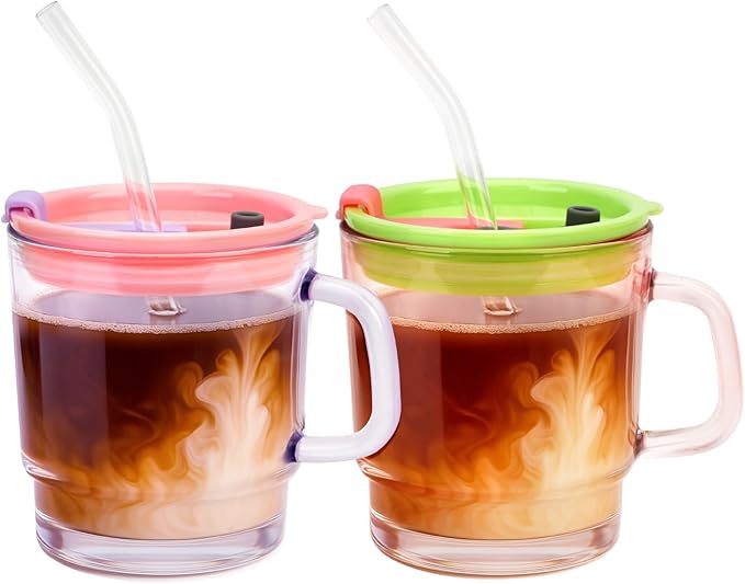 Luxfuel 13oz Tumbler Water Glass Cups with Lid and Straw, 2 Pack Reusable Iced Coffee Cups with Handle, Sealed Carry on for Iced Tea, Coffee, BPA-Free Glass Tumblers for Home, Office, Party, Outdoor