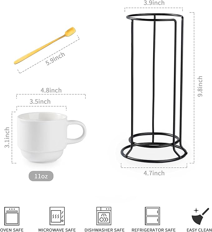 YHOSSEUN Porcelain Coffee Mug Set of 4, Stackable Coffee Mugs with Metal Stand & Spoons, 11 Oz Espresso Coffee Cups Mug Set for Americano, Chocolate Drinks, Milk, Tea, White