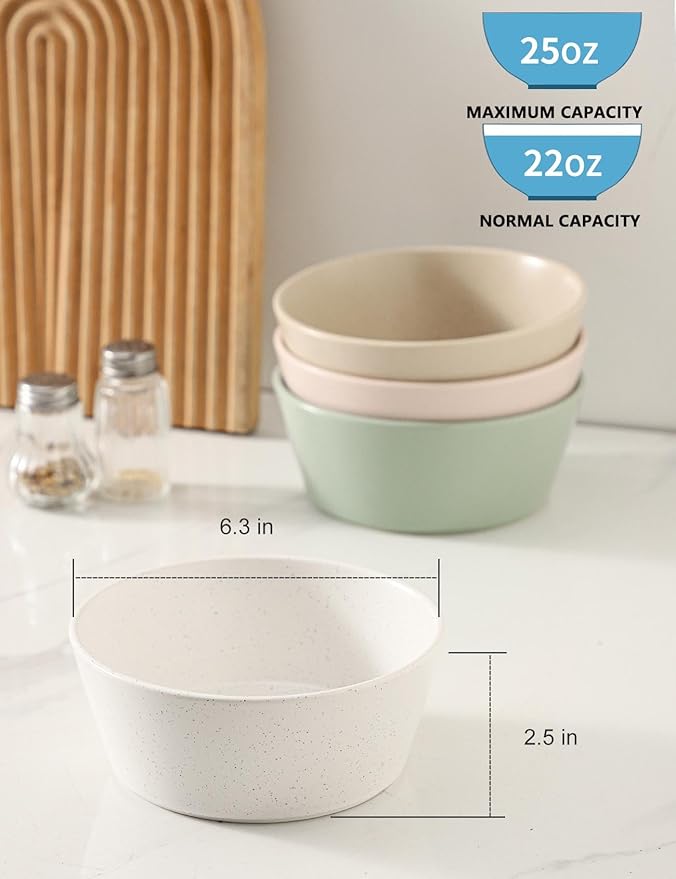 UBEE Ceramic Soup Bowls Set of 4, 6.3 inch Cereal Bowls, Microwave Safe Serving Bowls for Oatmeal, Soup, Pasta, Ramen, Dessert, Fruit, For Breakfast, Lunch and Dinner, Colorful