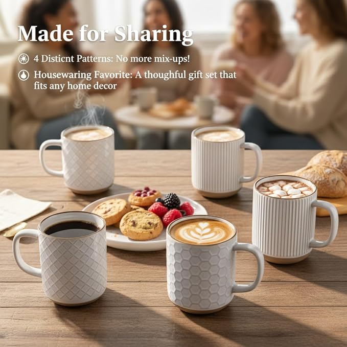 GBhome Coffee Mugs Set of 4, 12oz Handmade Stoneware Coffee Mugs Set with Large Handle for Cappuccino/Latte/Tea/Hot Cocoa, Dishwasher & Microwave Safe, Off White