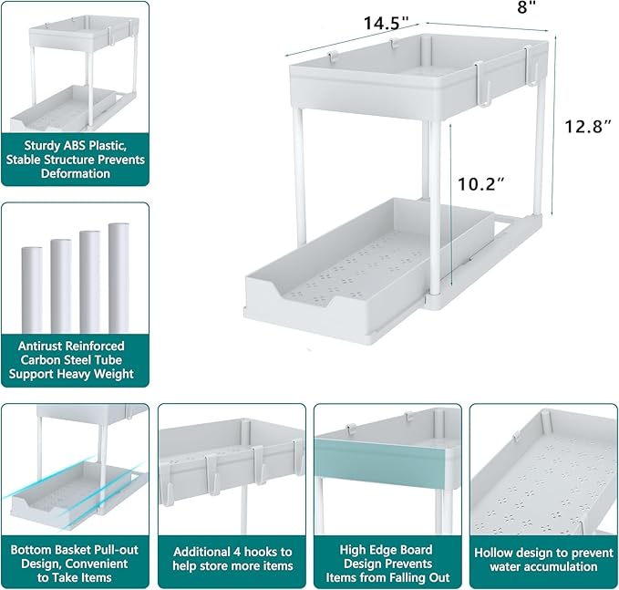 Under Sink Organizer -2 PACK|Pull Out Bathroom Organizer|2 Tier Slide Out Bathroom/Kitchen Organiers and Storage. (2 PACK White)
