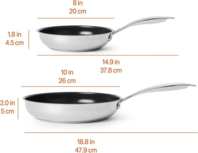 Amazon Basics 2-Piece Ceramic Non-Stick Stainless Steel Fry Pan Set, 10-Inch and 8-Inch