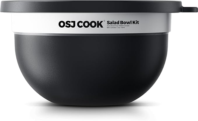 18/8 Stainless Steel Salad Bowl Kit - 74oz, Salad Bowls to go for Lunch, Comes with 1.7oz Condiment Container and Removable Tray for Organization - Leak-Proof, Dishwasher Safe (Black)