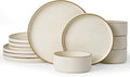 Famiware Star 12-Piece Stoneware Dinnerware Sets with Trim, Service for 4, Ceramic Plates and Bowls Set, Modern Rustic Dishes, Everyday/Formal, Chip/Scratch Resistant, Microwave/Dishwasher Safe, Cream