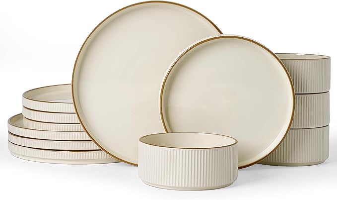 Famiware Star 12-Piece Stoneware Dinnerware Sets with Trim, Service for 4, Ceramic Plates and Bowls Set, Modern Rustic Dishes, Everyday/Formal, Chip/Scratch Resistant, Microwave/Dishwasher Safe, Cream