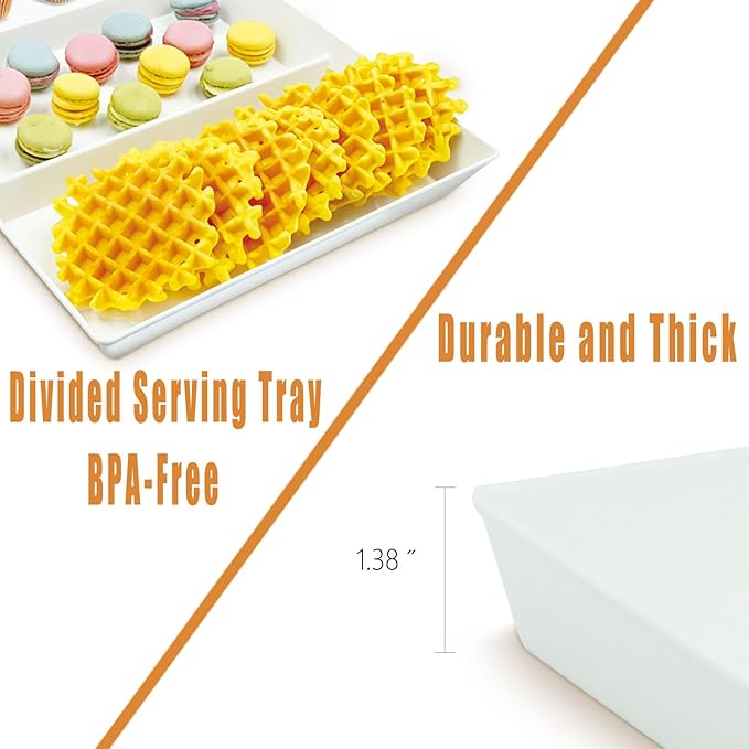 Divided Serving Tray Platter, 6 Pack 15" x 10" Fruit Veggie Food Tray for Party, Plastic Serving Trays for Appetizer, Snack, Dessert, Cookie, Brunch Decorations Platters, White Trays BPA-Free