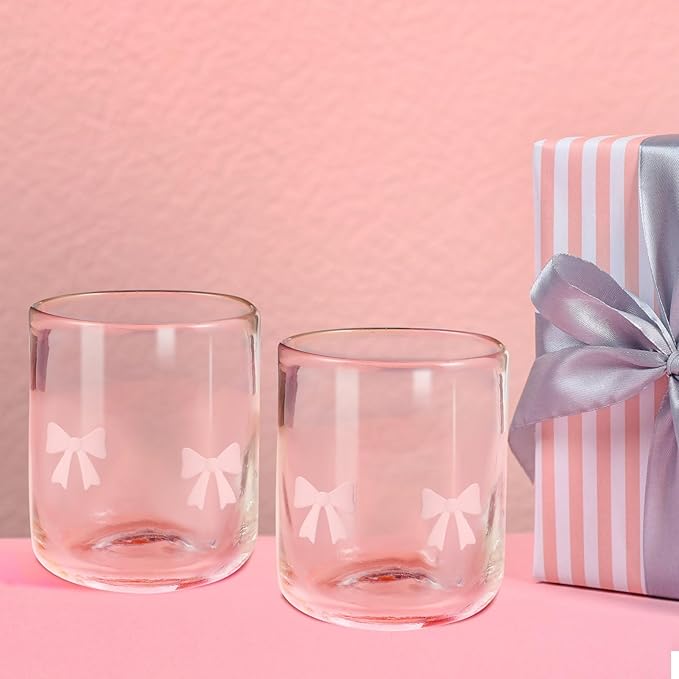 Skylety 2 Pack Bow Icon Juice Glasses, 14 oz Stemless Glass Cups, Coquette Pink Bow Juice Cocktail Wine Coffee Drinking Cups for Gift Engagement Wedding Anniversary Valentines Present Party Supplies