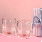 Skylety 2 Pack Bow Icon Juice Glasses, 14 oz Stemless Glass Cups, Coquette Pink Bow Juice Cocktail Wine Coffee Drinking Cups for Gift Engagement Wedding Anniversary Valentines Present Party Supplies