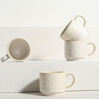 6 Oz Coffee Mugs with Stand - Stackable Ceramic Espresso Cups Set of 4, Embossed Coffee Cups, Porcelain Cappuccino for Latte, Cocoa, Mocha, Tea, Dishwasher Safe, 3 inch
