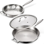 DELARLO 2-Piece Stainless Steel Pan 12-inch & 14-Inch, Frying Pan with Lid, Heavy Duty, Compatible with Induction, Electric up to 650℉, Fast & Even Heating, Durable, Dishwasher, Oven Safe Skillet