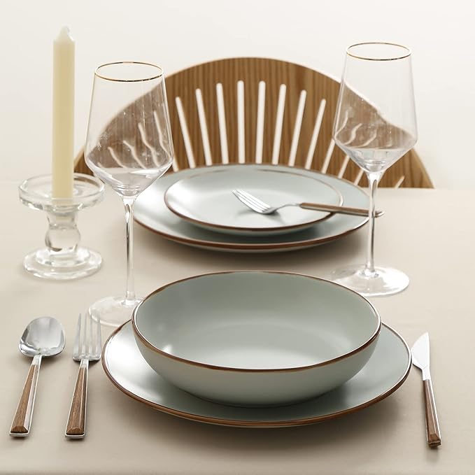 Stone Lain Brasa Stoneware 16 Piece Modern Dinnerware Set, Plates and Bowls, Service for 4, Light Green, Microwave & Dishwasher Safe