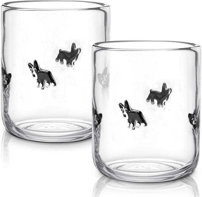 Skylety 2 Pack Icon Juice Glasses, 14 oz Stemless Glass Cups, Puppy Juice Cocktail Wine Coffee Drinking Cups for Engagement Wedding Anniversary Valentines Party Supplies