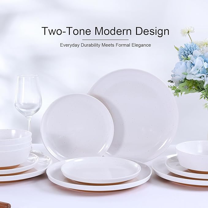 Webbylee 12-Piece Melamine Dinnerware Set for 4 – Unbreakable Plates & Bowls, BPA-Free, Lightweight, Two-Tone White & Brown, Ideal for Family Meals, Camping, Picnic, Parties