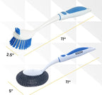 Dish Washing Vegetable Brush Scrubber with Stainless Steel Grill Brush, Scourer Sponge Brush Set with Long Handle and Rubber Grip, Non-Scratch, Kitchen Cleaning Set (2 Pack, Blue)