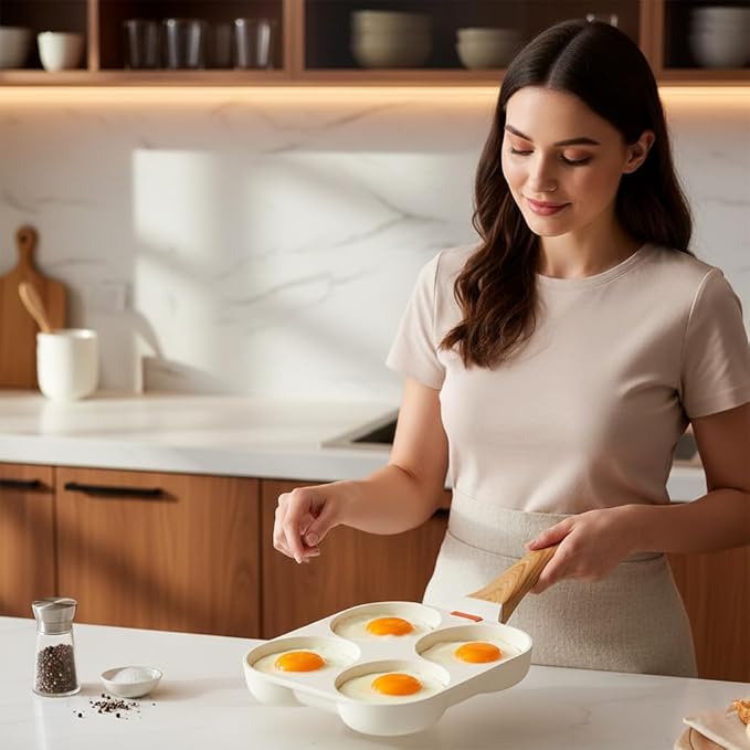 4-Hole Egg Frying Pan Nonstick Granite Coating | PFOA Free Divided Omelette Pancake Skillet | 4-Cup Breakfast Egg Cooker for Induction Gas Electric Stove | Easy Clean Non Stick Cooking Pan