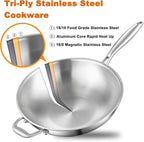 DELARLO Tri-Ply Stainless Steel Wok, 12 Inch Healthy Non-Toxic Cooking Wok Pan with Lid, With Side Ear, Wide & Deep Cookware Stir-Fry Pans, Dishwasher and Oven Safe Up To 600°F, Works on Induction