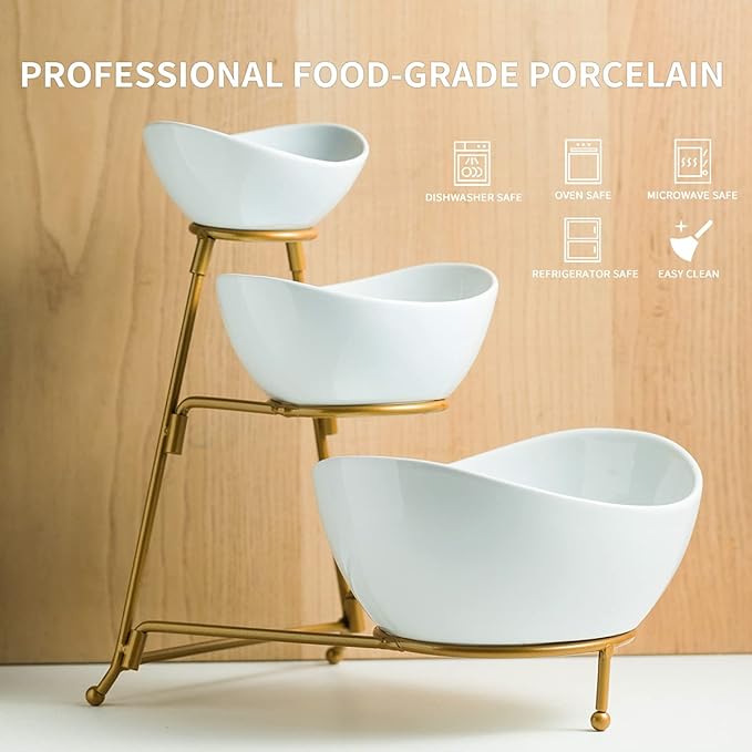 YHOSSEUN 3 Tier Serving Stand Oval Serving Bowl with Metal Rack, Tied Serving Bowls Food Display Dessert Appetizer, Chip and Dip Serving Bowl Set for Parties, Gold-45oz / 17.5oz / 7oz