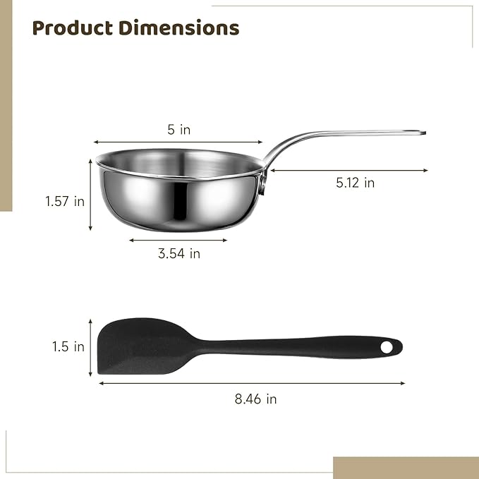 2 Pcs Mini Sauce Pan and Silicone Spatula Set, 5 in Stainless Steel Butter Warmer, Nonstick Frying Pan, No Coating Egg Pan with Spatula, 304 Steel Small Cooking Pot for Single Portion, All Stoves