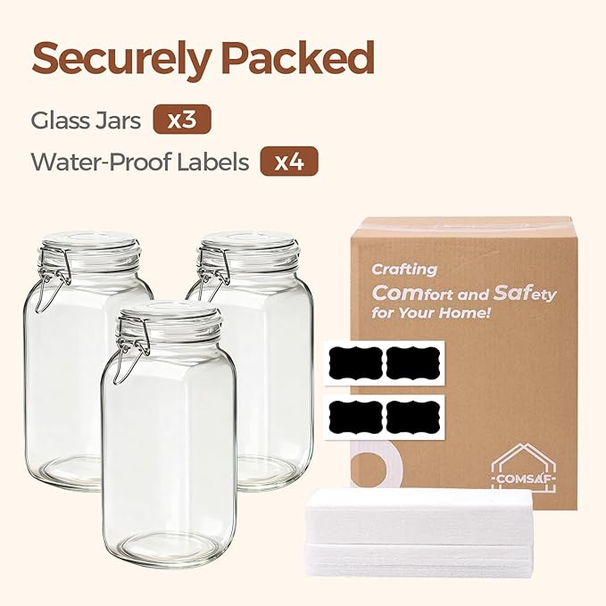 ComSaf 3-Pack 78oz Large Square Glass Jars, Airtight Canisters for Bulk Food Storage, Space-Saving Containers for approx. 4lb of Sugar, Coffee & Pantry Organization, Wide Mouth Design