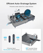 SUNLY Expandable Dish Drying Rack, Versatile Brackets for Pots & Pans, Space Saving Kitchen Drying Rack, Dish Racks for Kitchen Counter, Stainless Steel Dish Drainers with Extendable Spout, Gray