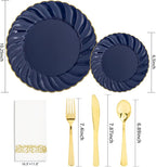 YOUBET 150PCS Blue Plastic Plates - Gold Plastic Silverware - Heavy Duty Navy Blue Disposable Plates include 50 Plates, 25 Forks, 25 Knives, 25 Spoons, 25 Napkins for Wedding Birthday Parties
