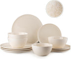 Dafuceramic Plates and Bowls Sets,12 Pieces Beige Dinnerware Sets for Kitchen, Reactive Glaze Dishes Set for 4, Dishwasher and Microwave Safe, Series Starflecked Shore (Beige)