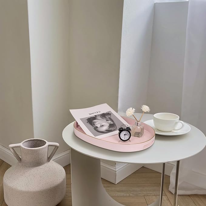 MAONAME Pink Decorative Tray, Oval Serving Tray with Handles, Plastic Trays for Coffee Table, Ottoman Trays for Living Room, Bathroom, 15.6" X 10.6" X 1.4"