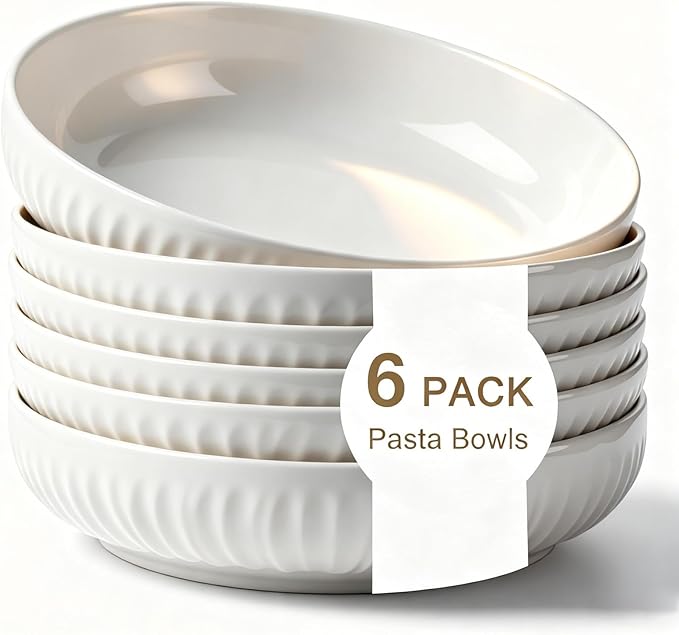 8 Inch Ceramic Pasta Bowls 6 Pack, 32 Oz White Serving Bowls - Microwave, Dishwasher & Oven Safe, Shallow Soup Bowls for Salad, Pasta, Cereal