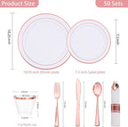 WELLIFE 350Pcs Rose Gold Plastic Plates for 50 Guests - Plastic Dinnerware Set,Party Supplies Includes 100 Rose Gold plates,150 Silverware,50 Napkins,50 Cups for Valentines and Galentines