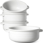LE TAUCI Soup Bowls with Handles - 22 oz Lead-Free Ceramic French Onion Crocks, Oven and Microwave Safe, Heat-Resistant Design, Stackable, Dishwasher Safe, Set of 4, White