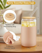 sungwoo Glass Cups with Lids and Straws, 4 Pack 16OZ Iced Coffee Cups with Silicone Sleeve, Glass Tumbler with Straw and Bamboo Lid, Home Essential Drinking Set for Juice, Cocktail and Latte 4 Colors