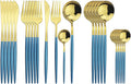Gold Silverware Set, 24-Piece Stainless Steel Flatware Set Service For 6, Mirror Polished Blue Handle Tableware Cutlery Set Knife Fork And Spoon For Home & Restaurant, Dishwasher Safe