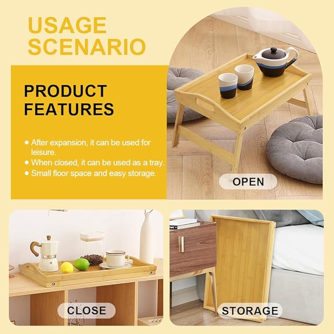 WKWKER Bamboo Bed Tray Table with Folding Legs Set of 2 Foldable Breakfast Tray Portable Serving Table Laptop Snack Drawing Breakfast Trays for Bed (Set of 2)