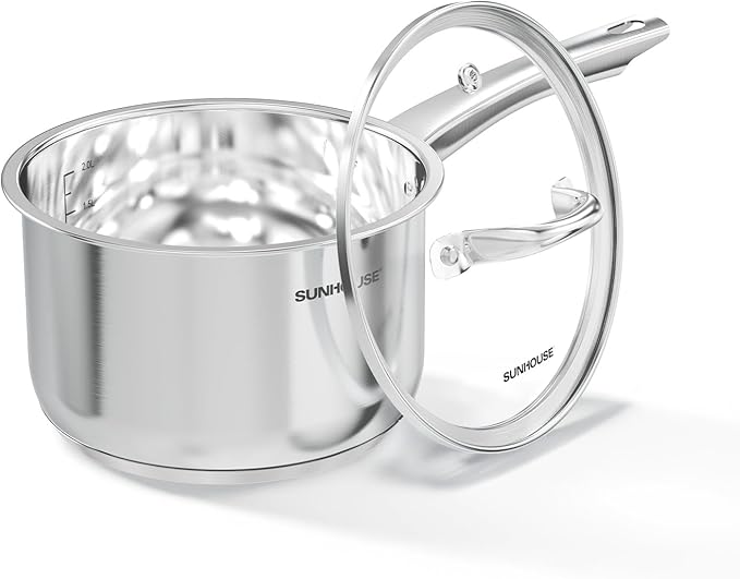 SUNHOUSE – 3 Quarts Stainless Steel Sauce Pan with Lid - PFOA-Free, Stainless Steel Sauce Pan, Advanced Impact Bonding Induction Base, Stay-Cool Handle, Compatible with All Cooktops