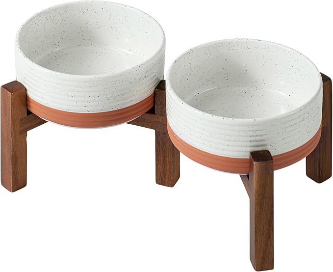 Havniva Ceramic 6.1inch Raised Double Dog Bowls Set with Acacia Wood Stand, 2 Heights Elevated, Food & Water Bowls for Small Dogs(28.2oz, Vanilla White)