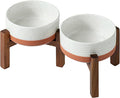 Havniva Ceramic 6.1inch Raised Double Dog Bowls Set with Acacia Wood Stand, 2 Heights Elevated, Food & Water Bowls for Small Dogs(28.2oz, Vanilla White)