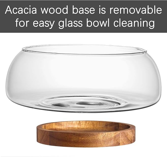 LiTY Large Glass Salad Bowl Set with Acacia Wood Base and Salad Serving Utensils, Salad Servers for Party, Fruits, Popcorn, Chips, Pasta, Kitchen Must-Have