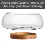 LiTY Large Glass Salad Bowl Set with Acacia Wood Base and Salad Serving Utensils, Salad Servers for Party, Fruits, Popcorn, Chips, Pasta, Kitchen Must-Have