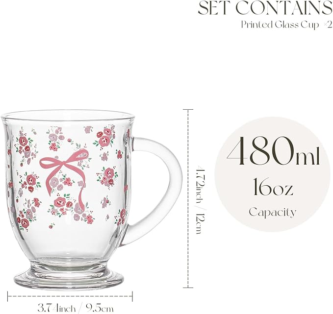 KEMORELA 16oz Coquette Cute Pink Bow Glasses Cups 2pcs, Cute with Handle, Aesthetic Iced Coffee Cup, Best Friend Birthday Gifts for Women Friendship Gifts for Hot Cold Drinks-Dishwasher Safe