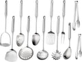 304 Stainless Steel Cooking Utensils Set, 12 Pcs Long Stainless Steel Kitchen Utensils Set, Metal Cooking Utensils Set with Potato Masher, Spoon, Ladle, Skimmer, Pasta Server etc(Dishwasher Safe)