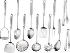 304 Stainless Steel Cooking Utensils Set, 12 Pcs Long Stainless Steel Kitchen Utensils Set, Metal Cooking Utensils Set with Potato Masher, Spoon, Ladle, Skimmer, Pasta Server etc(Dishwasher Safe)