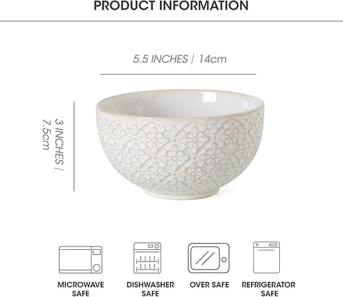 26 OZ Cereal Bowls Set of 4, Ceramic Soup Bowl for Kitchen, 6 inch Porcelain Serving Bowl, Embossed Bowls for Salad, Pho, Breakfast, Ramen, Rice, Dishwasher Safe, Housewarming Gift